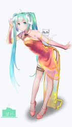 Rule 34 | 1girl, absurdres, ahoge, animal, animal on back, aqua hair, bent over, black thighhighs, blue hair, bow, breasts, cat, china dress, chinese clothes, cleavage, closed mouth, detached sleeves, dress, female focus, fishnet thighhighs, fishnets, full body, gradient hair, green eyes, hair between eyes, hair bow, hatsune miku, high heels, highres, long hair, long sleeves, looking at viewer, multicolored hair, open m/, pigeon-toed, pink sleeves, print dress, pumps, red dress, red shoes, shoes, short dress, side slit, simple background, sleeveless, sleeveless dress, small breasts, smile, solo, standing, stiletto heels, thighhighs, very long hair, vocaloid, white background, white bow, youngpeak