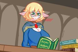 1girl absurdres blonde_hair blue_dress blush book breasts brooch capelet cleavage dress elf english_text female_pervert glasses green_eyes highres holding holding_book jewelry large_breasts long_pointy_ears original pervert pointy_ears poizon reading solo
