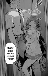 Rule 34 | 1boy, 1girl, absurdres, blue archive, blush, clover dot (clov erd), collared shirt, english text, from side, greyscale, halo, highres, hood, hood down, hooded jacket, in locker, jacket, long hair, long sleeves, monochrome, necktie, open mouth, pants, sensei (blue archive), shirt, short sleeves, speech bubble, standing, very long hair, yuzu (blue archive)