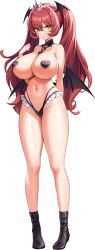 1girl absurdres areola_slip arm_behind_back arm_up black_panties black_pasties black_shoes breasts cleavage closed_mouth curly_sidelocks demon_girl demon_wings derauea full_body game_cg harness head_wings heart_pasties highres huge_breasts large_breasts light_blush long_hair looking_at_viewer low_wings meamea_fo_rusalka motto!_haramase!_honoo_no_oppai_isekai_oppai_bunny_gakuen! navel non-web_source o-ring o-ring_harness official_art panties pasties red_hair shoes skindentation smile solo standing star_(symbol) star_in_eye symbol_in_eye tachi-e tiara transparent_background twintails underwear wings yellow_eyes