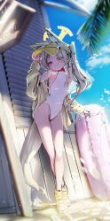 1girl absurdres amamami_prime animal_ear_fluff animal_ears arm_up bare_legs bare_shoulders blonde_hair blue_archive blue_sky blush breasts casual_one-piece_swimsuit cellphone cloud commentary_request covered_navel cross_halo extra_ears feet fox_ears fox_girl fox_tail full_body groin hair_over_one_eye half-closed_eyes halo hand_on_headwear highleg highleg_one-piece_swimsuit highres jacket jacket_partially_removed leaning_forward loli long_hair long_sleeves looking_at_viewer off_shoulder official_alternate_costume one-piece_swimsuit palm_leaf phone pink_innertube sandals seia_(blue_archive) seia_(swimsuit)_(blue_archive) selfie_stick side_ponytail sky small_breasts smile solo standing sunlight swim_ring swimsuit tail thighs toes very_long_hair visor_cap white_one-piece_swimsuit yellow_halo yellow_jacket yellow_sandals yellow_visor