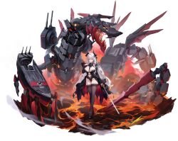 1girl absurdres admiral_zenker_(azur_lane) azur_lane black_dress black_horns black_thighhighs breasts clothing_cutout dress full_body groin highres holding holding_sword holding_weapon horns lace lace-trimmed_thighhighs lace_trim large_breasts lava long_hair looking_at_viewer navel navel_cutout non-humanoid_robot non-web_source official_art pink_eyes red_streaks rigging robot robot_dragon ship_turret sword thighhighs weapon white_hair