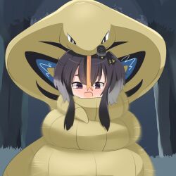 1girl alternate_color arbok black_hair blush commentary_request constriction forest gen_1_pokemon grass highres kantai_collection lets0020 motion_blur nature nintendo nose_blush open_mouth pokemon pokemon_(creature) purple_eyes shiny_pokemon short_hair_with_long_locks tokitsukaze_(kancolle) tree upper_body