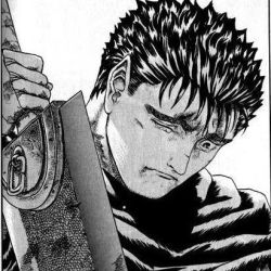 1990s_(style) 1boy berserk cape dragonslayer_(sword) greyscale guts_(berserk) lowres male_focus miura_kentarou monochrome official_art sad short_hair simple_background solo sword weapon white_background