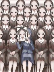 Rule 34 | 6+girls, absurdres, black eyes, black hair, blue hair, blue jacket, blue skirt, braid, chair, clone, closed mouth, collared shirt, expressionless, feet out of frame, graduation, hands up, highres, holding, holding photo, iei, jacket, long hair, long sleeves, looking at viewer, multiple girls, odd one out, on chair, original, own hands together, photo (object), pleated skirt, school uniform, shirt, sitting, skirt, test norma1, translation request, twin braids, white shirt