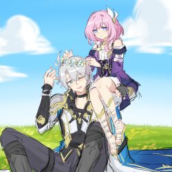 1boy 1girl ahoge black_choker black_pants blue_eyes blue_sky chinese_commentary choker closed_mouth cloud coat commentary_request cyrene_(honkai:_star_rail) day dress hair_ornament head_wreath highres honkai:_star_rail honkai_(series) lianxielian on_grass one_eye_closed open_mouth outdoors pants phainon_(honkai:_star_rail) pink_hair purple_coat sandals sitting sitting_on_shoulder sky smile white_coat white_dress white_hair