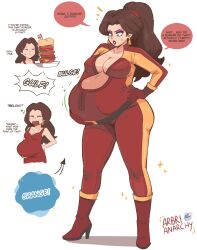 1girl absurdres arbrianarchy artist_name belly big_belly bloated blue_eyes bodysuit breasts brown_hair burger cleavage closed_mouth commentary covered_erect_nipples dress ear_piercing english_commentary english_text eyeshadow food hand_on_own_stomach high_ponytail highres large_breasts long_hair makeup mario_(series) nintendo open_mouth pauline_(mario) piercing ponytail purple_eyeshadow red_bodysuit red_dress shadow solo speech_bubble stomach thighs