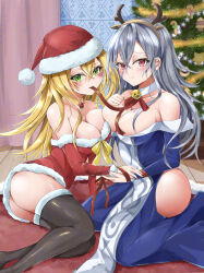Rule 34 | 2girls, absurdres, antlers, ass, bell, black thighhighs, blonde hair, blue dress, blush, breast press, breasts, christmas, christmas tree, cleavage, dark magician girl, detached sleeves, dress, duel monster, green eyes, grey hair, hair between eyes, hat, highres, hip vent, holding hands, horns, indoors, long hair, looking at viewer, microdress, misakura aoi, multiple girls, nail polish, neck bell, purple eyes, red dress, red hat, red ribbon, reindeer antlers, ribbon, santa costume, santa dress, santa hat, silent magician, sitting, thighhighs, yu-gi-oh!