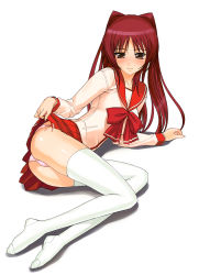 Rule 34 | 1girl, a1 (initial-g), absurdres, blush, brown eyes, clothes lift, female focus, full body, hair intakes, highres, kousaka tamaki, long hair, panties, pantyshot, red hair, school uniform, serafuku, side-tie panties, simple background, skirt, skirt lift, solo, thighhighs, to heart (series), to heart 2, underwear, white background, zettai ryouiki