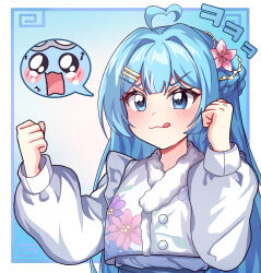 1girl :3 :o =_hair_ornament absurdres ahoge aqua_background arahashi_tabi arms_up blue_eyes blue_hair border braid chiwa57 clenched_hands closed_mouth floral_print_jacket flower fur-trimmed_jacket fur_trim gradient_background hair_flower hair_ornament hairclip highres jacket jo_lolita korean_clothes lolita_fashion long_hair long_sleeves looking_ahead pink_flower puffy_long_sleeves puffy_sleeves smile solo spoken_expression stellive tongue tongue_out two-tone_background upper_body v-shaped_eyebrows white_background white_border white_jacket