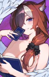 1girl animal_ear_fluff animal_ears black_scrunchie blue_eyes blue_nails boobs_in_book_(meme) breasts brown_hair collarbone commission completely_nude extra_ears feathered_wings hair_ornament hair_over_one_eye hair_scrunchie highres large_breasts looking_at_viewer meme multicolored_hair nude one_eye_covered original pixiv_commission rafi_(rafitea) scrunchie smile solo star-shaped_pupils star_(symbol) streaked_hair symbol-shaped_pupils white_hair wings