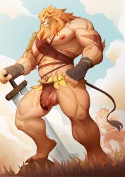 2boys abs afk_(series) afk_journey animal_ears artist_name bara barefoot brutus_(afk) chinese_commentary claws closed_mouth commentary_request dated fingerless_gloves from_below furry furry_male gloves highres holding holding_sword holding_weapon hyena_boy hyena_ears hyena_tail lion_boy lion_ears lion_mane lion_tail loincloth looking_at_another looking_at_viewer male_focus multiple_boys muscular muscular_male nipples odie_(afk) pectorals penis planted planted_sword planted_weapon sword tail testicles thumbs_up tuji_han weapon