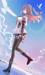 1girl absurdres arms_behind_back black_gloves black_shorts blue_eyes blush boots breasts brown_hair elbow_gloves fingerless_gloves from_side full_body girls&#039;_frontline girls&#039;_frontline_2:_exilium gloves hair_between_eyes high_heel_boots high_heels highres jacket k2_(girls&#039;_frontline) long_hair looking_at_viewer looking_back medium_breasts neckerchief orange_neckerchief outdoors short_shorts shorts side_ponytail smile solo standing standing_on_liquid standing_on_one_leg thighhighs welo white_jacket yoohee_(girls&#039;_frontline_2)