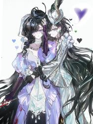 2girls absurdres arm_around_waist black_gloves black_hair black_hat closed_mouth dress dual_persona gloves grey_hat grey_jacket grey_skirt hand_on_own_head hand_up hat heart highres hug hug_from_behind isolde_(and_all_that_jazz)_(reverse:1999) isolde_(reverse:1999) jacket jewelry juliet_sleeves long_dress long_hair long_skirt long_sleeves looking_at_viewer multiple_girls necklace official_alternate_costume pearl_necklace puffy_sleeves purple_dress purple_eyes reverse:1999 see-through_clothes see-through_veil selfcest skirt smile tilted_headwear upper_body veil very_long_hair weiyan_(nbnbmwnl) white_background yuri