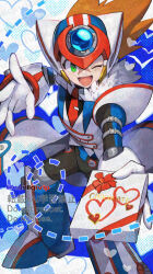Rule 34 | 1boy, armor, axl (mega man), blue background, brown hair, cross scar, face screaming in fear emoji, forehead jewel, gift, green eyes, heart, helmet, highres, holding, holding gift, long hair, male focus, mega man (series), mega man x (series), mega man x dive, official alternate costume, one eye closed, red helmet, scar, solo, spiked hair, twitter username, watermark, white armor, white background, white day, yamanashi taiki