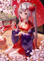 Rule 34 | 1girl, absurdres, alternate costume, alternate hairstyle, ball, bell, branch, cherry blossoms, closed mouth, demon girl, floral print, flower, gradient hair, grey hair, hair flower, hair ornament, hands up, highres, holding, holding ribbon, holding umbrella, hololive, horns, ichizon, japanese clothes, kimono, long hair, looking at viewer, multicolored hair, nakiri ayame, nakiri ayame (new year), oil-paper umbrella, open hand, orange ribbon, outdoors, ponytail, print kimono, purple kimono, red eyes, red hair, red kimono, ribbon, sitting, skin-covered horns, smile, streaked hair, temari ball, umbrella, virtual youtuber, wariza, wide sleeves
