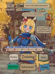 2girls absurdres ahoge alexandra_athana_(basedbinkie) animal_ears armor basedbinkie blonde_hair blue_eyes blue_hair blue_scarf blunt_bangs bow breasts brown_gloves colored_inner_hair commentary day ear_bow english_commentary english_text gameplay_mechanics gauntlets gloves grin highres horse_ears horse_girl horse_tail looking_at_viewer medieval medium_breasts multicolored_hair multiple_girls original outdoors pants parody red_bow road scarf short_hair single_gauntlet single_glove smile solo_focus speech_bubble star-shaped_pupils star_(symbol) street symbol-shaped_pupils tail two-tone_hair umamusume