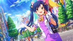 1girl animal_ears bell blue_hair blush bow bowtie brown_eyes car cat_ears city commentary_request day dutch_angle english_text fake_animal_ears flag game_cg ganaha_hibiki glint gloves hair_bell hair_bow hair_ornament hands_up hat holding holding_flag ibuki_tsubasa idolmaster idolmaster_(classic) idolmaster_million_live! idolmaster_million_live!_theater_days jacket kasuga_mirai kisaragi_chihaya long_hair mogami_shizuka motor_vehicle neck_bell official_art open_mouth outdoors people pink_jacket pink_skirt plaid_bow plaid_bowtie plaid_clothes red_bow road short_sleeves skirt solo_focus sparkle standing street sunlight tanaka_kotoha third-party_source twintails white_gloves