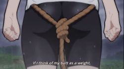 10s 1girl animated animated_gif ass bike_shorts black_hair english_text gym_uniform kaminashi_nozomi keijo!!!!!!!! lightning lowres ponytail rain rope spandex subtitled turnip wet wet_clothes