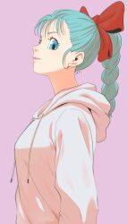 Rule 34 | 1girl, absurdres, blue eyes, blue hair, braid, braided ponytail, bulma, dragon ball, dragon ball (classic), hair ribbon, high ponytail, highres, hood, hood down, hoodie, horang4628, ponytail, purple background, red ribbon, ribbon, simple background, solo, white hoodie