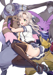 Rule 34 | 1girl, andiramon (deva), antenna hair, ass, black thighhighs, breasts, commentary request, crossover, digimon, digimon (creature), frilled skirt, frills, green eyes, grey hair, hair tie, highres, kantai collection, kinugasa (kancolle), kinugasa kai ni (kancolle), long hair, lopmon, medium breasts, miniskirt, minosu, necktie, one eye closed, one side up, open mouth, pleated skirt, purple sailor collar, sailor collar, short sleeves, skirt, thighhighs, turuiemon, yellow necktie