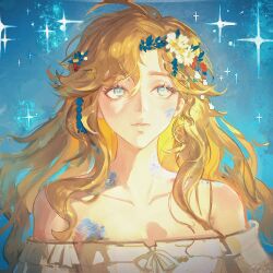 1girl absurdres bare_shoulders blonde_hair blue_background blue_eyes bulaikaite closed_mouth commission dress facing_viewer fang fang_out flower hair_flower hair_ornament highres long_hair looking_up off-shoulder_dress off_shoulder portrait reverse:1999 scales second-party_source solo sparkle vila_(reverse:1999) white_dress white_flower