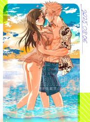 Rule 34 | 1boy, 1girl, abs, ass, bare legs, beach, bikini, black hair, blonde hair, blue eyes, blue sky, blush, breast press, breasts, brown bikini, cleavage, cloud, cloud strife, cloudy sky, collarbone, commentary, couple, dated, earrings, feet out of frame, final fantasy, final fantasy vii, floral print, from side, hand on another&#039;s arm, hand on another&#039;s hip, heart, highres, horizon, jewelry, large breasts, leaning on person, long hair, looking at another, male swimwear, mrg2by, ocean, open clothes, open shirt, orange sky, outdoors, parted lips, partially submerged, pectorals, print shirt, red eyes, see-through clothes, see-through shirt, shirt, short hair, side-tie bikini bottom, signature, sky, soaking feet, sparkle, spiked hair, standing, stud earrings, sunset, sweat, sweatdrop, swim trunks, swimsuit, symbol-only commentary, thong bikini, tifa lockhart, twitter username, water, wet