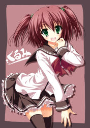 1girl female_focus green_eyes hair_bobbles hair_ornament looking_at_viewer open_mouth original red_hair skirt solo suien thighhighs twintails