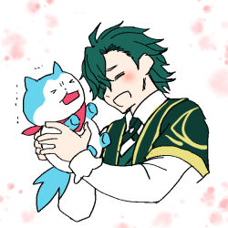 1boy 1other bandana blue_fur closed_eyes fire_emblem fire_emblem_engage green_hair gregory_(fire_emblem) nintendo open_mouth ouzisamafe red_bandana sommie_(fire_emblem) two-tone_fur white_fur