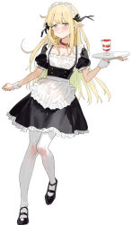 Rule 34 | 1girl, apron, black dress, black ribbon, black shoes, blush, closed mouth, collar, covered knees, cup, dress, elf, full body, hair ribbon, highres, holding, holding tray, long hair, looking at viewer, maid, maid headdress, mary janes, notched ears, original, pantyhose, pointy ears, puffy short sleeves, puffy sleeves, red collar, ribbon, shoes, short sleeves, simple background, smile, solo, standing, subachi, tray, waist apron, white background, white pantyhose, white wrist cuffs, wrist cuffs