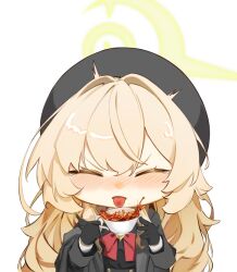 1girl black_gloves black_hat blonde_hair blue_archive blush bow bowtie chibi closed_eyes coat commentary cup gloves halo hat highres holding holding_cup issun_boushi_(taku37taku) long_hair professor_niyaniya_(blue_archive) red_bow red_bowtie simple_background solo teacup tongue tongue_out white_background yellow_halo
