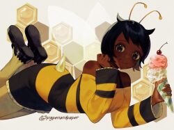 Rule 34 | 1girl, :d, antennae, arthropod girl, artist name, bee girl, bee wings, black eyes, black footwear, black hair, black tank top, cherry, commentary, dark-skinned female, dark skin, food, fruit, hand on own cheek, hand on own face, highres, honeycomb (pattern), honeycomb background, ice cream, insect girl, insect wings, long shirt, looking at viewer, lying, mysims, numbers (pigpenandpaper), off-shoulder shirt, off shoulder, open mouth, pantyhose, roxie road, shirt, short hair, signature, smile, striped clothes, striped shirt, symbol-only commentary, tail, tank top, tongue, tongue out, white background