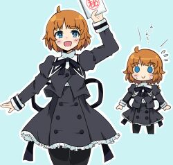 1girl :d absurdres ahoge aqua_background arm_up arms_at_sides assault_lily black_pantyhose black_ribbon black_skirt blue_eyes blush book bright_pupils chibi closed_mouth commentary_request cowboy_shot cropped_jacket cropped_legs flying_sweatdrops frilled_skirt frills futagawa_fumi high-waist_skirt highres holding holding_book juliet_sleeves long_hair long_sleeves looking_at_viewer low_ponytail miniskirt multiple_views neck_ribbon nervous_smile open_mouth orange_hair pantyhose ponytail puffy_sleeves ribbon school_uniform simple_background skirt smile solid_eyes standing sweat translated white_pupils yurigaoka_girls_academy_school_uniform yuzuki_suzuha