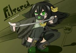 bike_shorts black_hair boots face_mask filter-sama_(neuro-sama) fingerless_gloves gloves green_eyes highres maisatraisat mask road_sign sign skirt stop_sign tape
