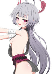 1girl absurdres ass bandaged_arm bandages blue_archive breasts fang gauze gauze_on_cheek gauze_on_face grey_hair gunnsougarden halo highres japanese_clothes loli long_hair no_bra no_panties open_mouth pointy_ears red_eyes red_halo shuro_(blue_archive) sideboob sideless_dress sideless_kimono sideless_outfit simple_background small_breasts white_background