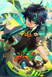Rule 34 | 1boy, ahoge, ajaw (genshin impact), black gloves, black hair, black shirt, commentary, earrings, genshin impact, gloves, green hair, green headband, headband, highres, holding, holding sword, holding weapon, itsumono katze, jewelry, kinich (genshin impact), looking at viewer, male focus, multicolored eyes, multicolored hair, parted lips, pixel art, shirt, short hair, short sleeves, sword, two-tone eyes, weapon, yellow eyes