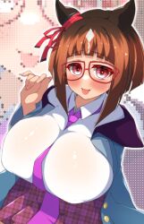 Rule 34 | 1girl, absurdres, blush, breasts, glasses, highres, huge breasts, looking at viewer, necktie, open mouth, school uniform, short hair, smile, to20ko2ko235353535, transcend (umamusume), umamusume