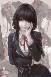 1girl absurdres arm_under_breasts black_hair black_jacket blazer commentary date_a_live eyepatch finger_to_mouth frilled_hairband frills grin hair_over_one_eye hair_over_shoulder hairband hand_on_own_cheek hand_on_own_face highres index_finger_raised jacket lapels long_hair looking_at_viewer low_twintails multiple_views neck_ribbon notched_lapels parted_lips raizen_high_school_uniform red_eyes red_ribbon ribbon school_uniform shirt shushing sketch_background smile solipsist tokisaki_kurumi twintails upper_body white_shirt