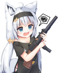 1girl absurdres ahoge animal_ears annoyed black_hairband black_shirt blue_eyes breasts cleavage fox_ears fox_girl fox_tail grandapple71 gun gun_malfunction hairband hands_up highres holding holding_gun holding_weapon hololive long_hair looking_at_object low_twintails open_mouth shirakami_fubuki shirakami_fubuki_(loungewear) shirt short_sleeves simple_background solo spoken_squiggle squiggle submachine_gun tail teeth twintails upper_body upper_teeth_only uzi v-shaped_eyebrows very_long_hair virtual_youtuber weapon weapon_request white_background white_hair