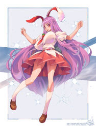 1girl :d animal_ears blush border breasts brown_shoes carrot carrot_necklace highres huge_breasts jewelry kneehighs loafers long_hair looking_at_viewer necklace necktie open_mouth outline outside_border pink_skirt pixiv_id pixiv_username pleated_skirt puffy_short_sleeves puffy_sleeves purple_hair rabbit_ears rabbit_girl red_eyes red_necktie reisen_udongein_inaba shiny_skin shirt shoes short_sleeves signature skirt smile socks solo sparkle standing standing_on_one_leg teeth touhou twitter_username two-tone_background umigarasu_(kitsune1963) upper_teeth_only very_long_hair white_shirt white_socks