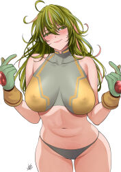 1girl bare_shoulders blush boku_no_hero_academia breasts cameltoe collarbone covered_erect_nipples gloves green_eyes green_gloves green_hair green_panties green_shirt groin hagakure_toru highres long_hair looking_to_the_side medium_breasts messy_hair multicolored_hair orange_hair panties shirt skin_tight skindentation smile solo streaked_hair thighs underwear unusually_visible xter
