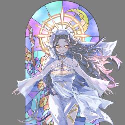 1girl belt black_hair blue_hair breasts buranka chest_belt cleavage_cutout clothing_cutout coif cowboy_shot curled_horns demon_girl demon_horns dress grey_background grey_horns grin halo halo_behind_head hebiyoi_tier hebiyoi_tier_(2nd_costume) highres horns large_breasts leg_ribbon long_hair long_sleeves looking_at_viewer messy_hair multicolored_hair nanashi_inc. ribbon smile solo stained_glass two-tone_hair very_long_hair virtual_youtuber white_belt white_coif white_dress wind yellow_eyes yellow_halo yellow_ribbon