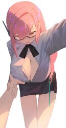 1girl absurdres black-framed_eyewear black_skirt breasts cleavage commentary glasses grabbing_another&#039;s_breast groping guided_breast_grab guiding_hand highres holding_another&#039;s_wrist jaihu large_breasts leaning_forward lips long_hair long_sleeves partially_unbuttoned pink_hair pov pov_hands see-through_clothes see-through_skirt shirt simple_background skirt smile solo_focus standing sweat thigh_gap thighs tsukishiro_yanagi tsurime white_background white_shirt zenless_zone_zero