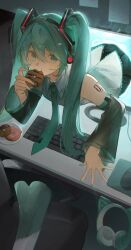 1girl absurdres animal_ear_headphones animal_ears aqua_eyes aqua_hair black_skirt cat_ear_headphones chair collared_shirt computer computer_keyboard desk donut eating fake_animal_ears food food-themed_pillow hair_between_eyes hand_up hatsune_miku headphones highres holding holding_donut holding_food indoors long_hair looking_at_viewer monitor mouse_ears office_chair plate red_tattoo shirt shoulder_tattoo skirt solo spring_onion swivel_chair tablet_pc tattoo through_medium through_screen twintails unworn_headphones vocaloid white_shirt wing_collar yukihira_makoto