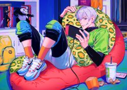 1girl 2boys artist_name backpack bag bean_bag_chair black_jacket black_legwear black_pants book bookshelf cellphone curtains door drink drinking_straw eyebrows eyelashes facial_mark facial_tattoo figure fingernails gakuran green_hair green_shirt holding holding_weapon hugging_object indoors inumaki_toge jacket jujutsu_kaisen leaning_back looking_at_viewer male_focus multiple_boys munette nintendo nintendo_switch one_eye_closed panda panda_(jujutsu_kaisen) pants phone pillow pillow_hug polearm ponytail purple_eyes school_uniform shirt shoes shorts sitting smartphone snake sneakers socks solo_focus spoilers stuffed_animal stuffed_toy tattoo track_pants twitter_username watermark weapon white_footwear white_hair white_shorts zen&#039;in_maki