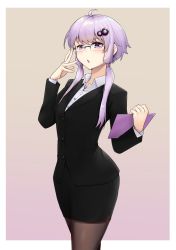 1girl adjusting_eyewear ahoge black_jacket black_pantyhose black_skirt blouse border collared_shirt dress_shirt formal_clothes glasses hair_ornament hairclip highres holding jacket long_hair long_sleeves looking_at_viewer low_twintails miniskirt office_lady open_mouth outside_border pantyhose pencil_skirt pink_eyes purple_hair rimless_eyewear shirt skirt skirt_suit solo standing suit twintails vocaloid white_border white_shirt wing_collar yuzuki_yukari zooanime