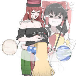 3girls absurdres american_flag american_flag_dress american_flag_print bare_shoulders black_eyes black_hair black_shirt blonde_hair bow breasts chain closed_eyes clownpiece detached_sleeves earth_(ornament) evil_grin evil_smile fairy fairy_wings flag_print green_skirt grin hair_between_eyes hair_tubes hakurei_reimu hand_on_another&#039;s_head head_under_another&#039;s_clothes hecatia_lapislazuli highres large_breasts long_hair mata_(matasoup) moon_(ornament) multiple_girls neckerchief open_mouth plaid_clothes plaid_skirt red_bow red_hair red_shirt red_skirt shirt skirt smile t-shirt touhou under_another&#039;s_clothes white_background wings yellow_neckerchief