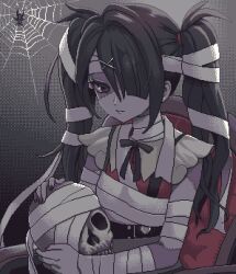 1girl alternate_hair_length alternate_hairstyle ame-chan_(needy_girl_overdose) bandaged_head bandages black_eyes black_hair black_nails black_ribbon bug collared_shirt colored_skin eencya grey_skin hair_ornament hair_over_one_eye hairclip halloween_costume holding holding_skull long_hair looking_at_viewer nail_polish neck_ribbon needy_girl_overdose official_alternate_hairstyle official_art patchwork_skin pixel_art red_nails red_shirt ribbon second-party_source shirt silk skirt skull solo spider spider_web stitched_face stitches suspender_skirt suspenders twintails upper_body x_hair_ornament zombie