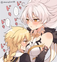 1boy 1girl aether_(genshin_impact) ahoge annoyed artist_name bare_shoulders between_breasts black_fur blonde_hair blush braid breasts colored_skin commentary_request couple face_between_breasts floating_hair from_side fur_trim genshin_impact gloves grey_background hair_between_eyes hand_on_another&#039;s_arm head_between_breasts hetero large_pectorals long_braid long_hair looking_down maaru_(asato_maaru) multicolored_skin nervous_sweating orange_eyes pectorals shade shoulder_blush simple_background single_braid speech_bubble standing sweat sweatdrop twitter_username two-tone_skin unknown_god_(genshin_impact) wavy_hair white_hair