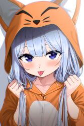 1girl :p animal_costume blue_eyes blush cosplay hood hood_up kigurumi long_hair looking_at_viewer onesie original simple_background solo tongue tongue_out tsukuring_agi
